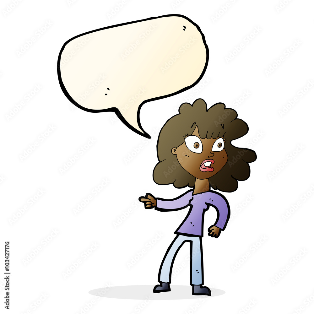 cartoon worried woman pointing with speech bubble cartoon worried woman pointing with speech bubble