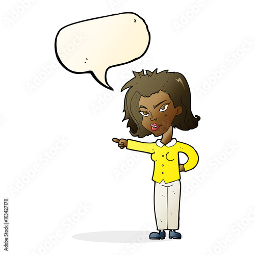 cartoon woman pointing with speech bubble