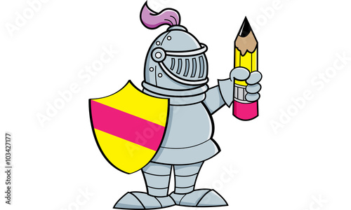 Cartoon illustration of a knight holding a shield and a pencil.