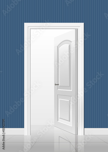 Door in the interior. White open door in a blue room interior vector