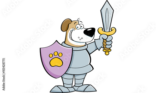 Cartoon illustration of a dog wearing a suit of armor.