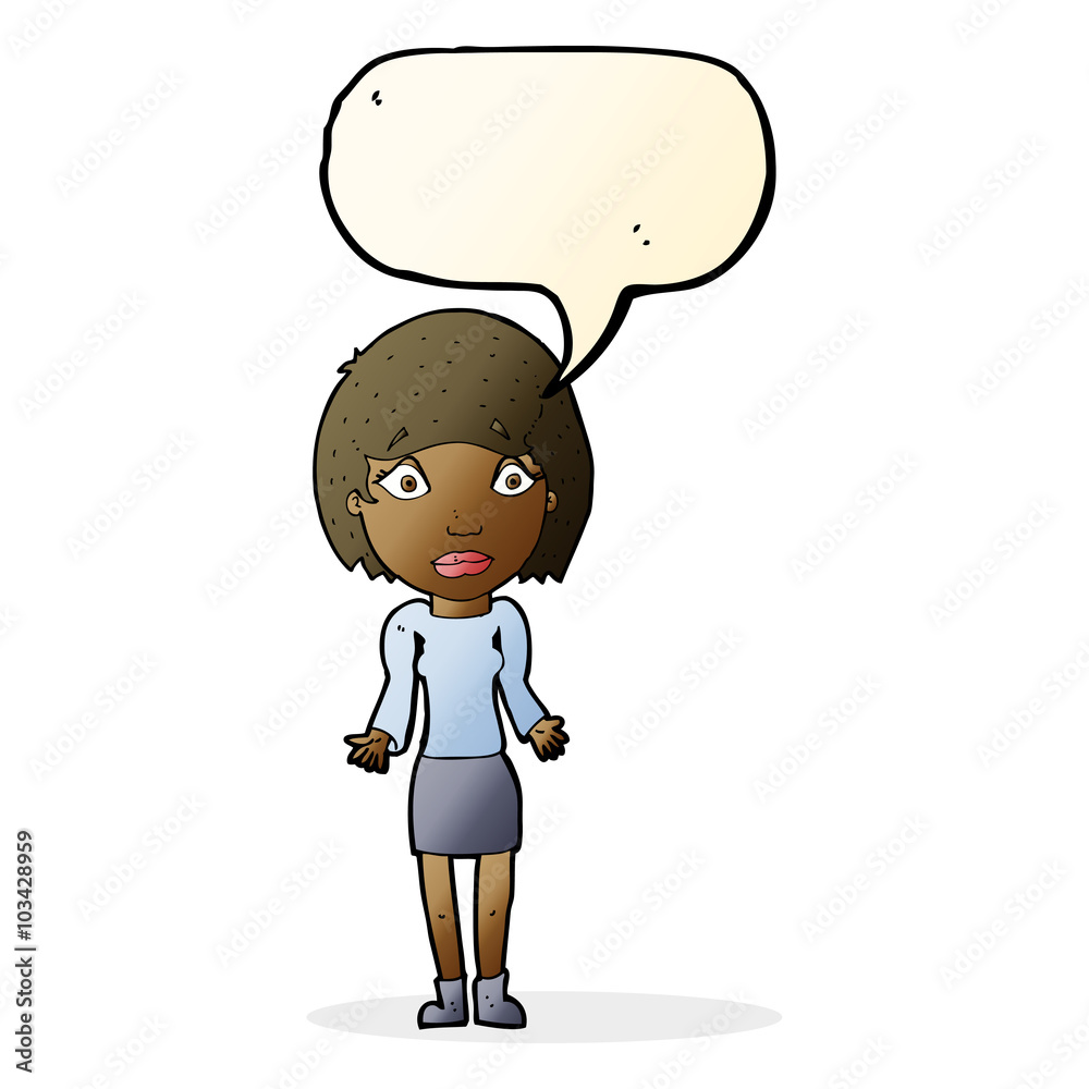 cartoon woman shrugging shoulders with speech bubble cartoon woman shrugging shoulders with speech bubble