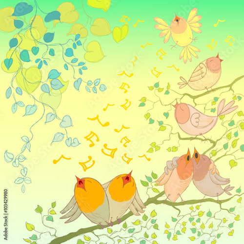 Background with Hand Drawn Spring Leaves and Birds Chirping.