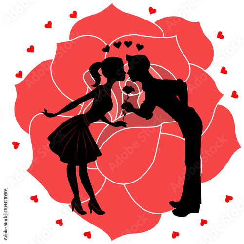 Lovers silhouette with rose and hearts vector, silhouette di innamorati con rosa e cuoricini vettoriale photo