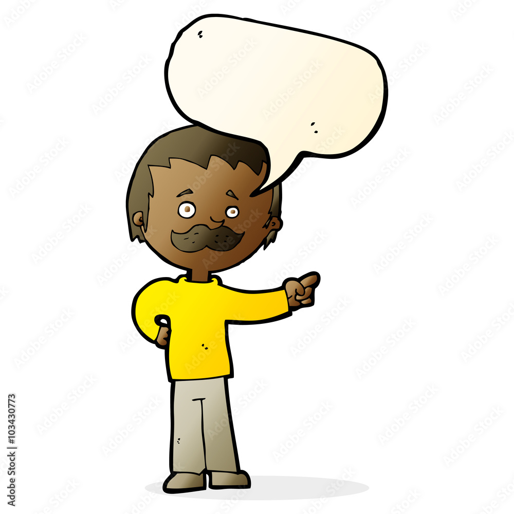 cartoon man with mustache pointing with speech bubble cartoon man with mustache pointing with speech bubble