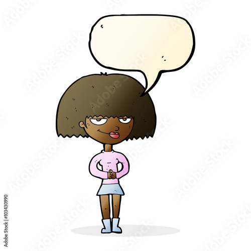 cartoon sly woman with speech bubble