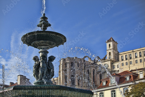 Famous fountain on rossio square the liveliest placa in Lisbon
