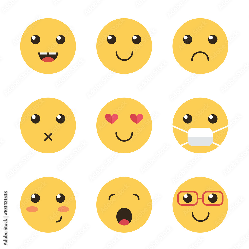 Cute collection of yellow flat design smiles isolated on white background. Different facial expressions.