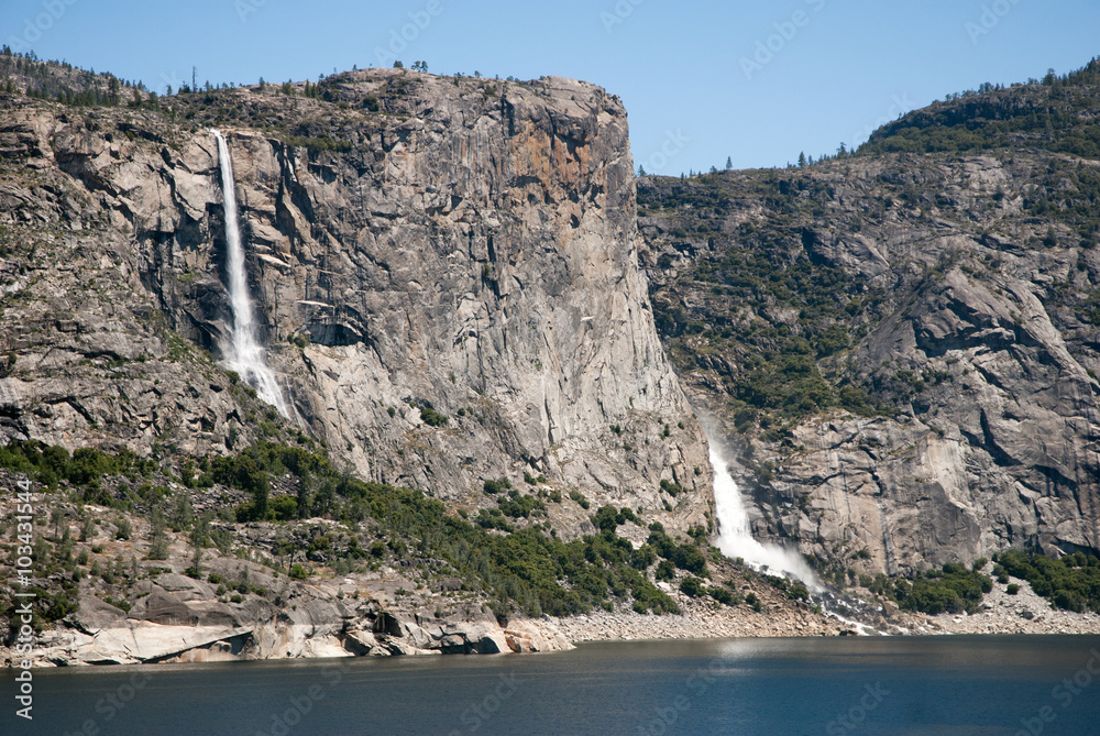 Tueeulala and Wapama Falls at Hetch Hetchy Reservoir in Yosemite National Park. The source of water for San Francisco, CA.