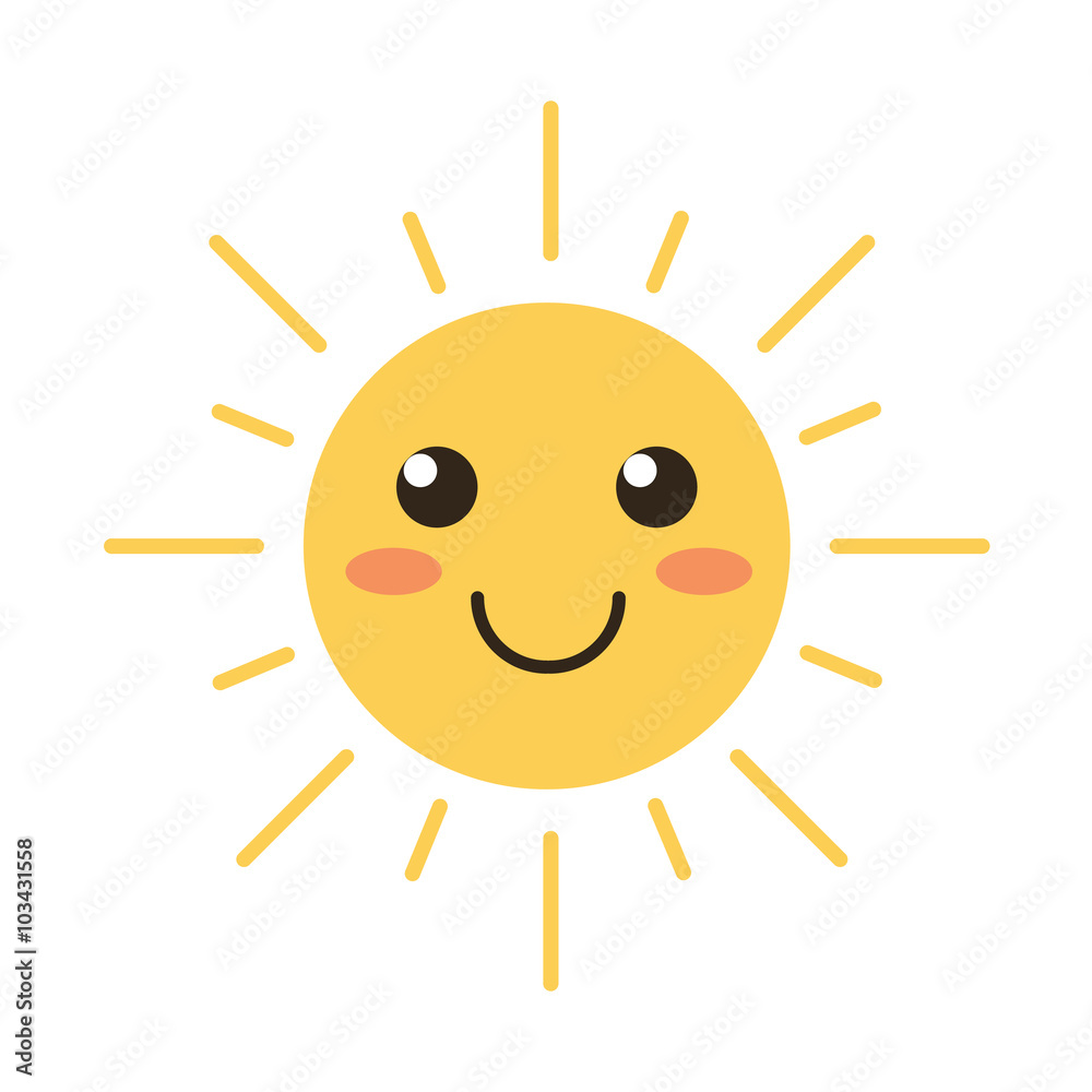 Flat design smiling cartoon sun isolated on white background. Vector illustration.