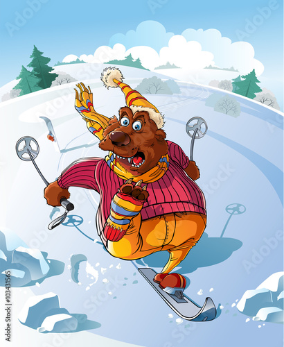 The Bear goes on ski with mountains. He has lost one ski and he yells from fear. photo