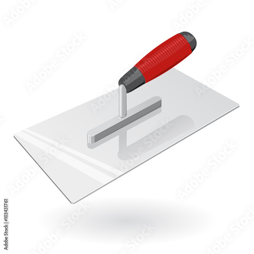 Nice classical red metal four-sided stucco trowel on white, silver handle metal head. Construction tools, isolated flatten illustration master vector icon, useful sign.