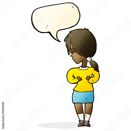 cartoon shy woman with speech bubble