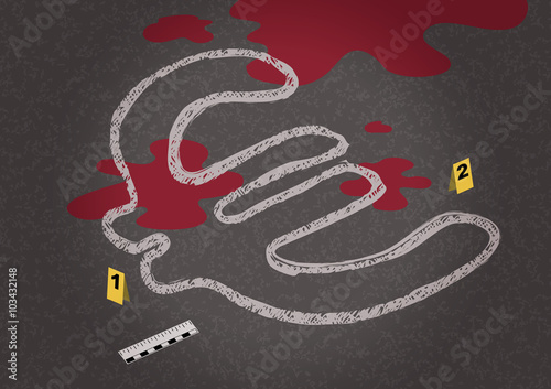A chalk outline of a dead body symbolizing a falling dollar and criminalistic objects nearby. Conceptual vector illustration of global crisis.