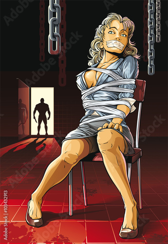 Beautiful bound woman.

Beautiful bound woman sits on chair in dark dirt room (storehouse, cellar)
