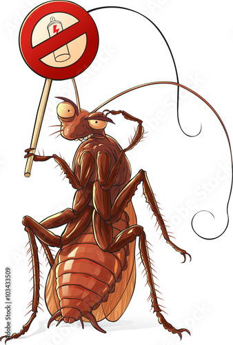 Cockroach  against insecticides

Red cockroach in standing pose with sign a insecticide prohibition.