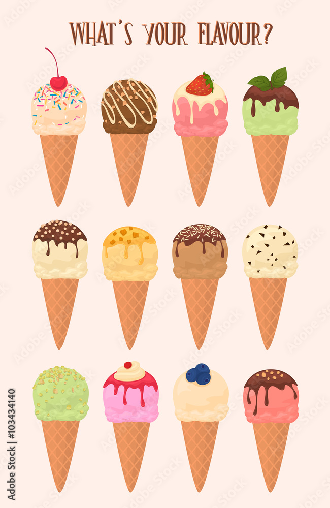 Ice cream cone collection, vector illustration. Chocolate, pistachio, strawberry, caramel and other flavors of ice cream. Ice cream cone collection, vector illustration. Chocolate, pistachio, strawberry, caramel and other flavors of ice cream.
