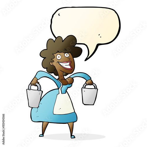cartoon milkmaid carrying buckets with speech bubble