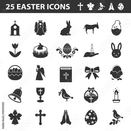 Easter, holy 25 black simple icons set for web
