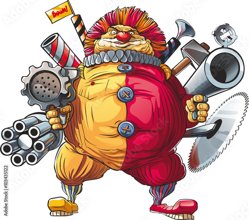 Mad fat clown killer with many guns in hands. He splendid operate with meat grinder and circular saw.