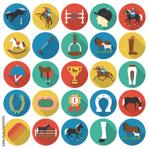 Horse, racing, racetrack 25 flat icons. Long shadow design for web.