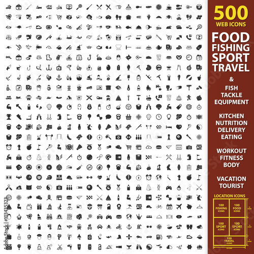 Food, fishing, sport set 500 black simple icons. Equipment, kitchen, nutrition icon design for web and mobile.