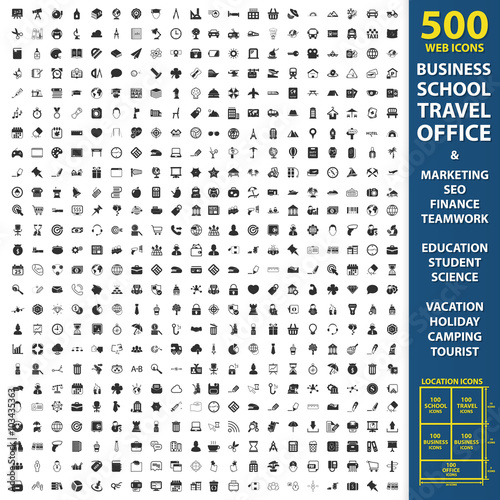 Business, school, travel set 500 black simple icons. Office, marketing, seo icon design for web and mobile.