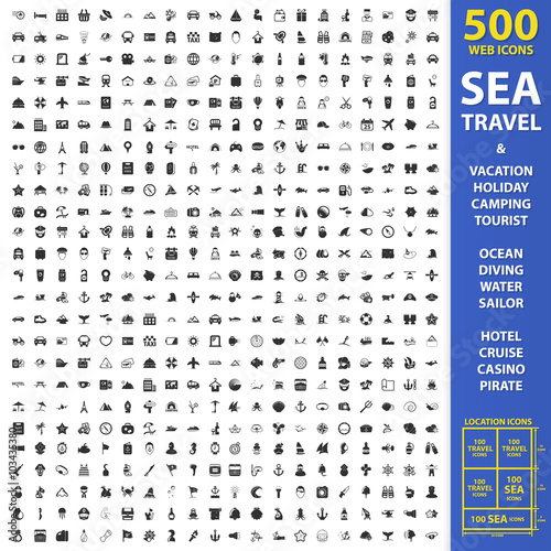 Sea, travel, vacation set 500 black simple icons. Holiday, camping, tourist icon design for web and mobile.