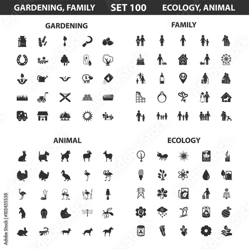 Ecology, family set 100 black simple icons. Gardening, animal icon design for web and mobile. photo