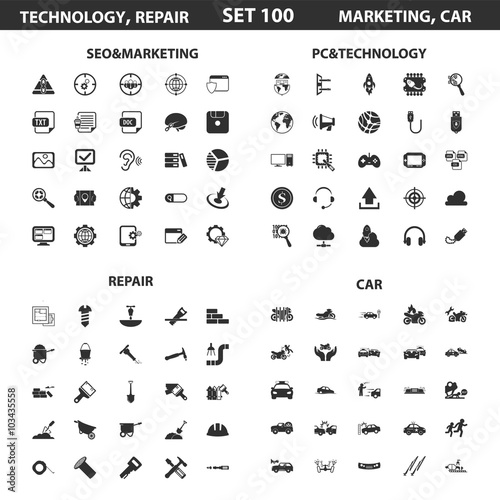 Seo, marketing set 100 black simple icons.Pc, technology, car, repair icon design for web and mobile.