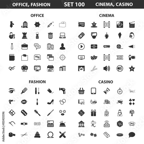 Office, fashion set 100 black simple icons. Fashion, cinema, casino icon design for web and mobile.