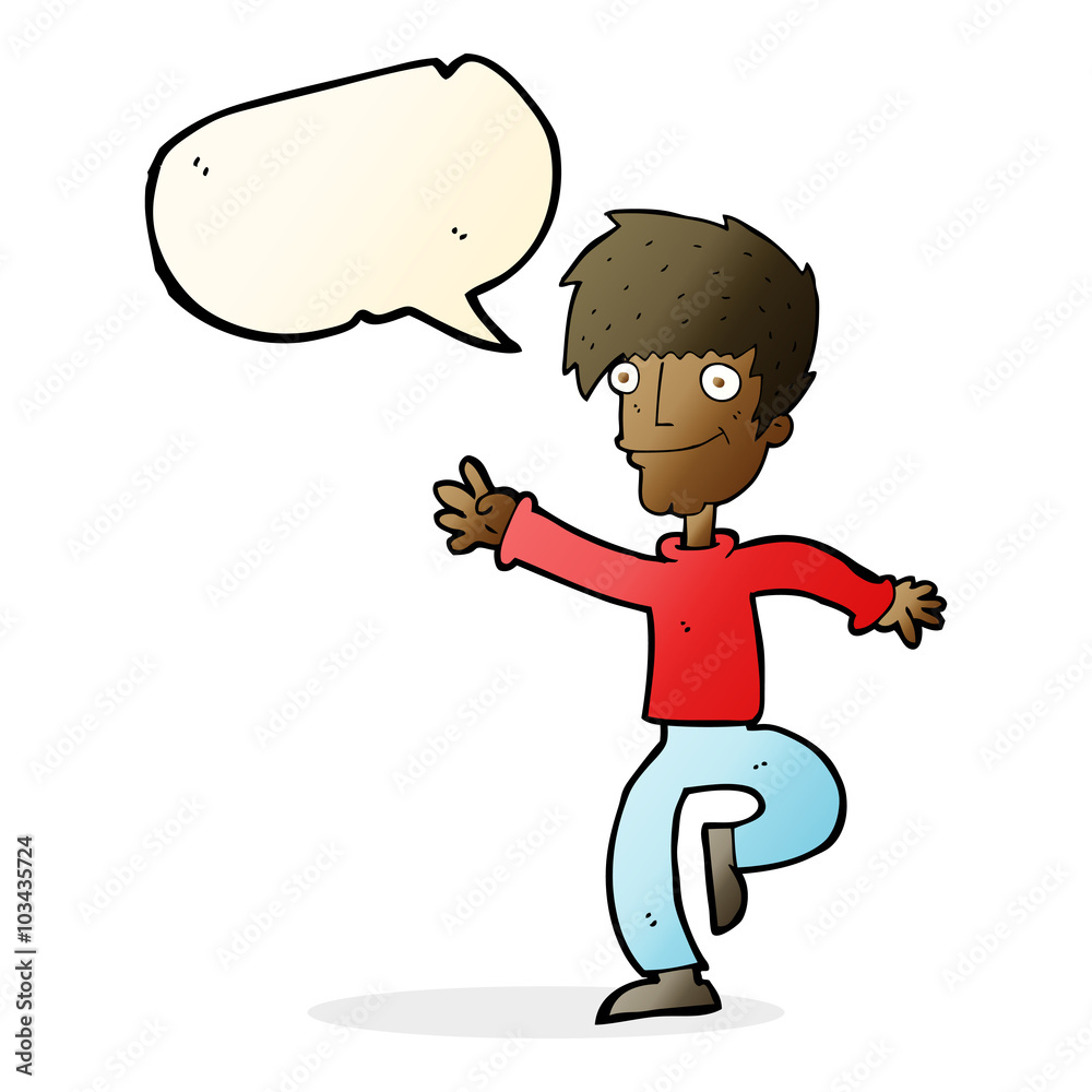 Fototapeta premium cartoon happy man dancing with speech bubble