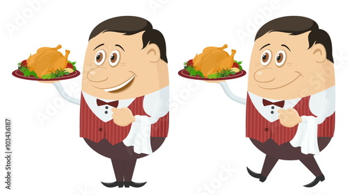 Fullhd 1920x1080 Progressive Seamlessly Looping Video, Waiters, Cartoon Characters in Red Uniform with Christmas Turkey on Trays, Coming to Serve Clients. Animated Elements. Alpha Matte Included