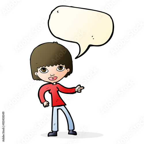 cartoon woman pointing with speech bubble