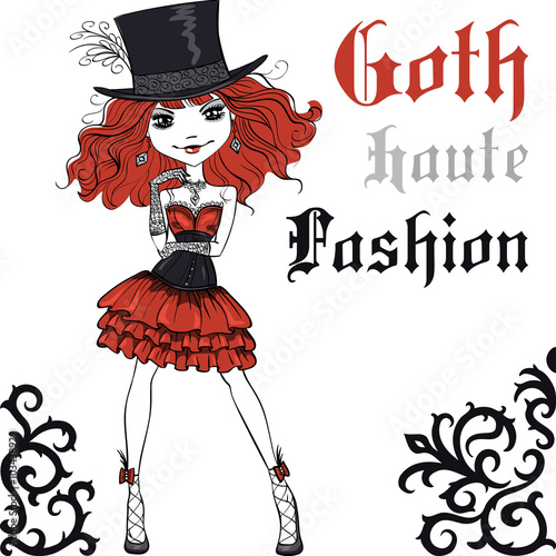 Vector Beautiful Goth girl with scarlet hair dressed in the style of High Gothic fashion in black and scarlet dress and silk hat. T-shirt Graphics. Girl print.