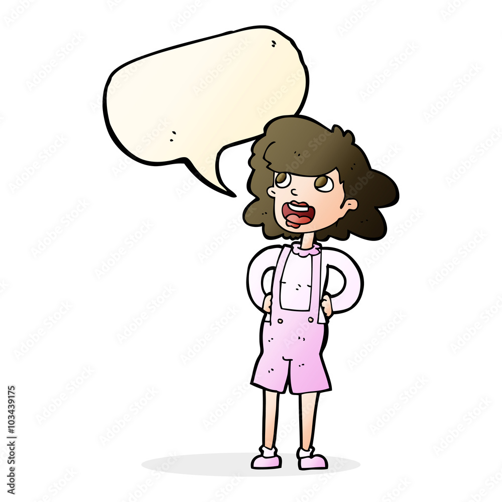 cartoon woman in dungarees with speech bubble cartoon woman in dungarees with speech bubble