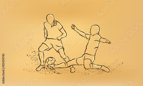 Soccer. fight for the ball. tackle. Vector retro illustration on old paper.