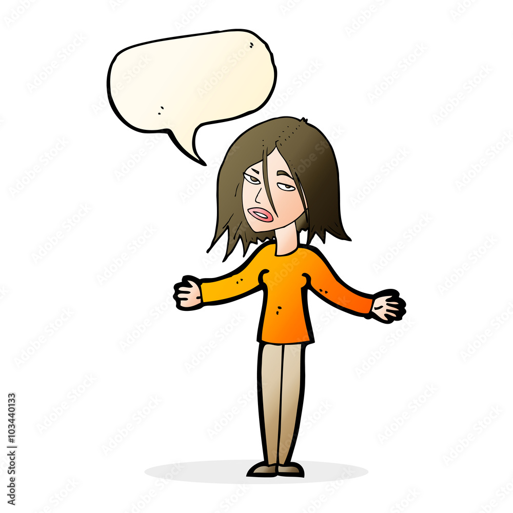 cartoon woman shrugging shoulders with speech bubble cartoon woman shrugging shoulders with speech bubble