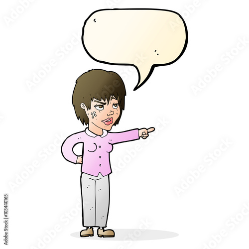 cartoon woman pointing with speech bubble