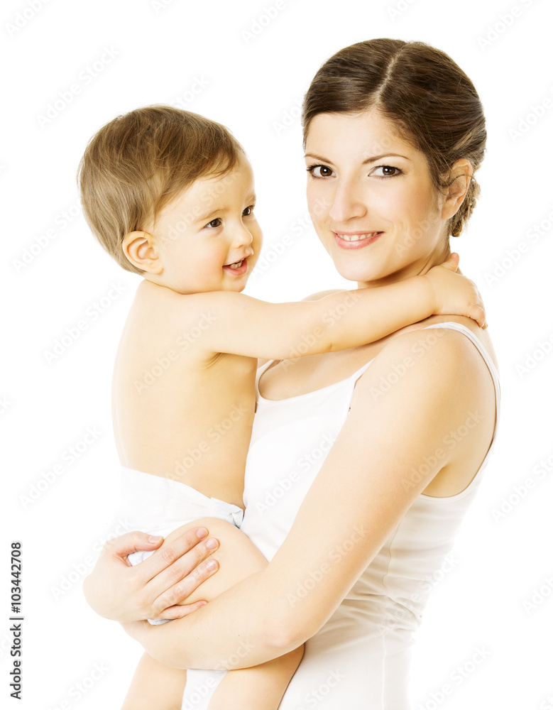 Mother And Toddler Kid, Woman Holding Child in Diaper Over White Mother And Toddler Kid, Woman Holding Child in Diaper Over White