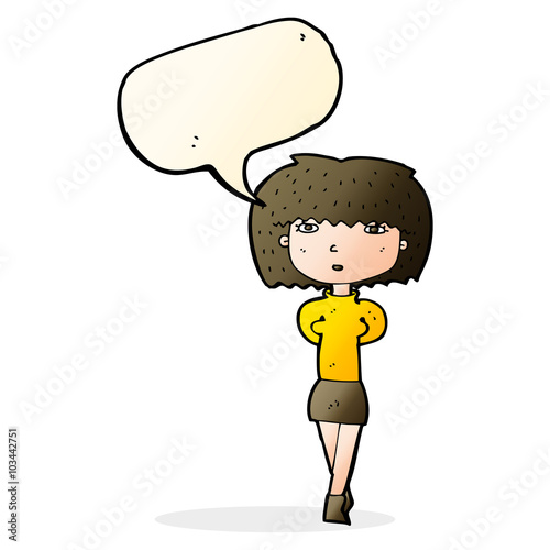 cartoon shy woman with speech bubble