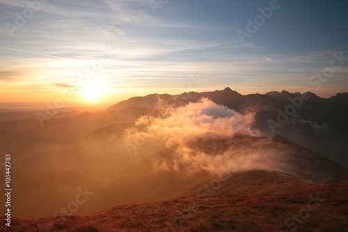 Sunrise over the mountains in the Polish Tatras