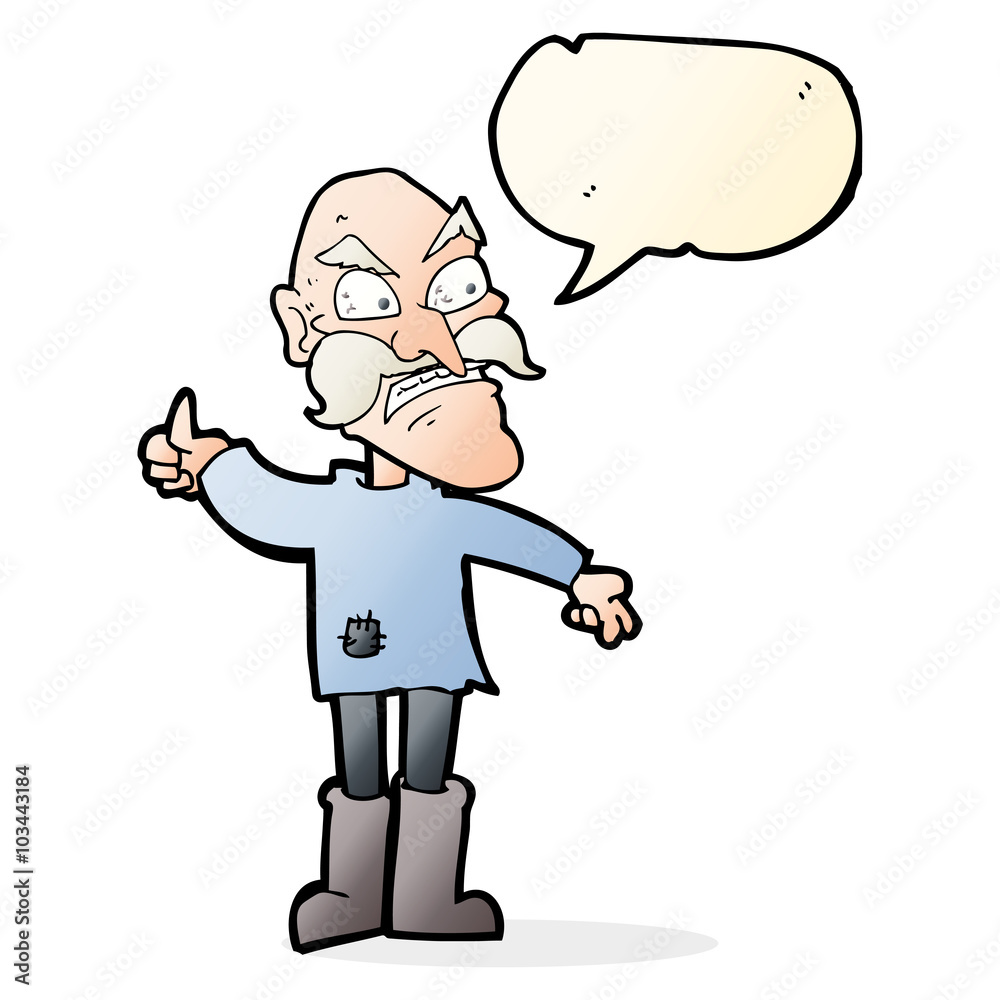 cartoon angry old man in patched clothing with speech bubble