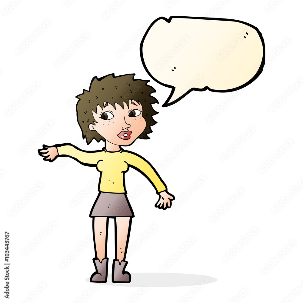 cartoon friendly woman waving with speech bubble cartoon friendly woman waving with speech bubble