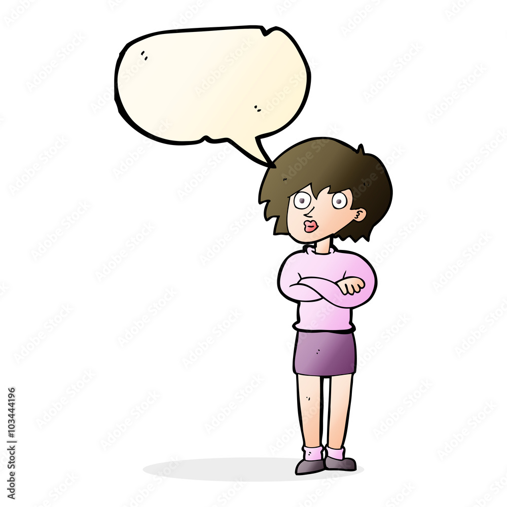 cartoon woman wit crossed arms with speech bubble