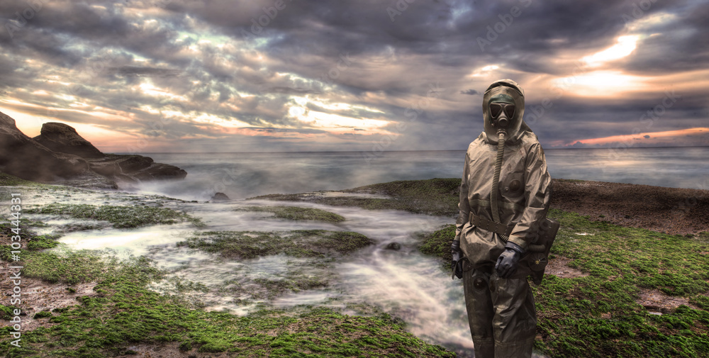 Soldier wearing a gas mask