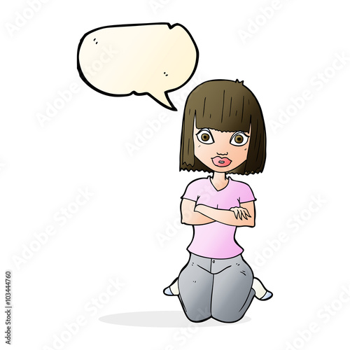 cartoon woman kneeling with speech bubble