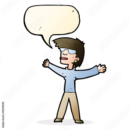 cartoon woman wearing glasses with speech bubble