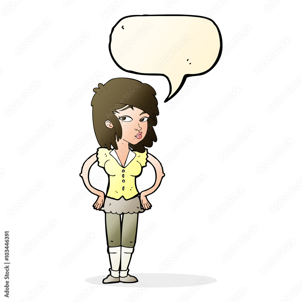 cartoon pretty woman with hands on hips with speech bubble cartoon pretty woman with hands on hips with speech bubble