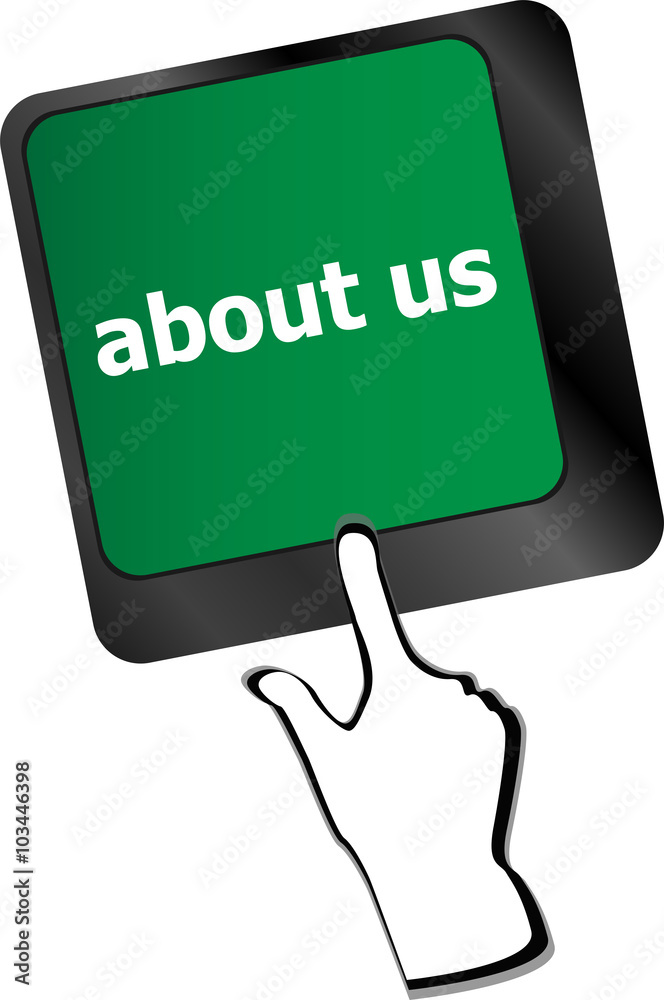 Marketing concept: computer keyboard with word About Us, selected focus on enter button background, 3d render Marketing concept: computer keyboard with word About Us, selected focus on enter button background, 3d render